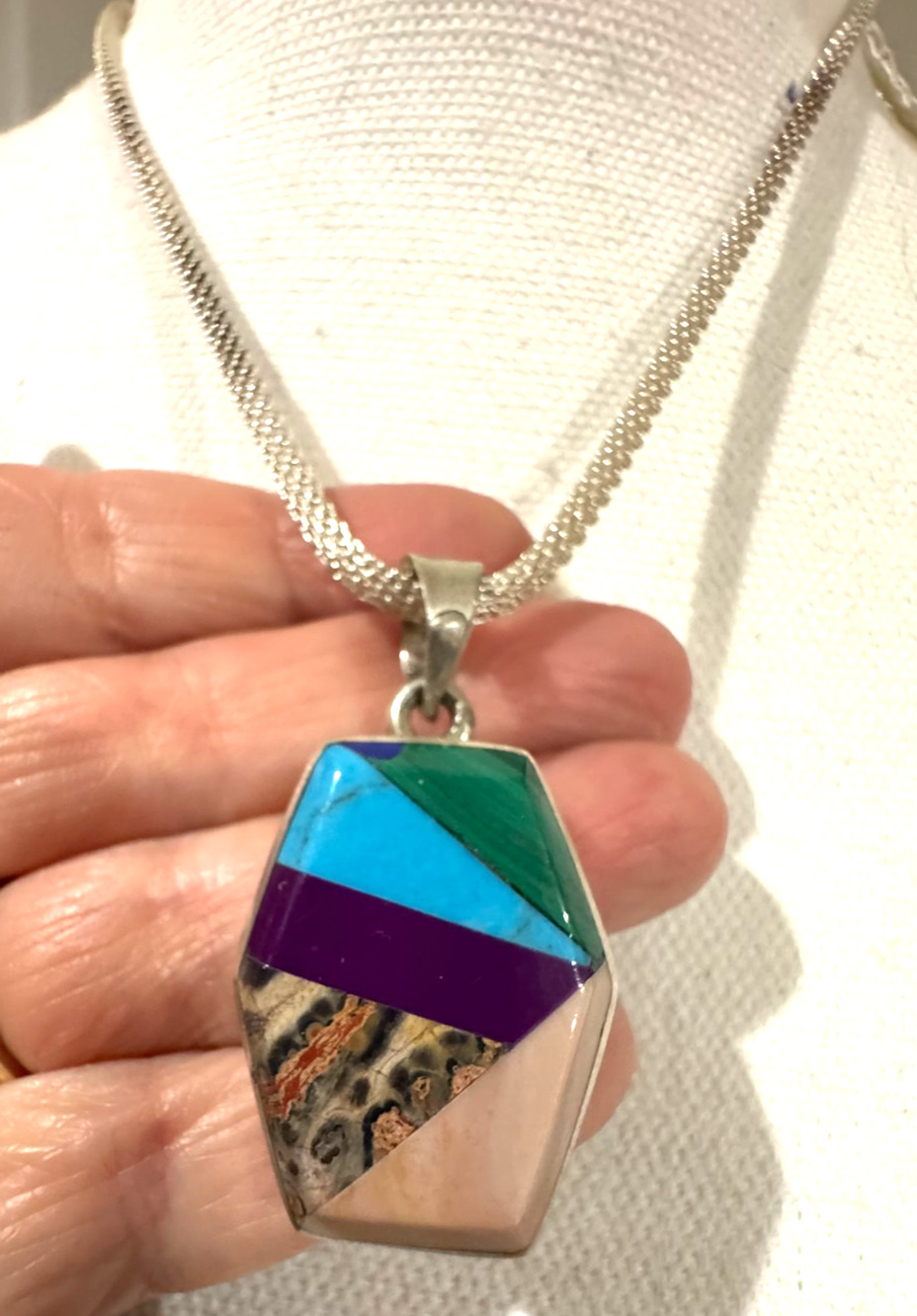 Sterling Silver Inlay Southwestern Taxco Pendant Mexico TH-150 Multi Stone